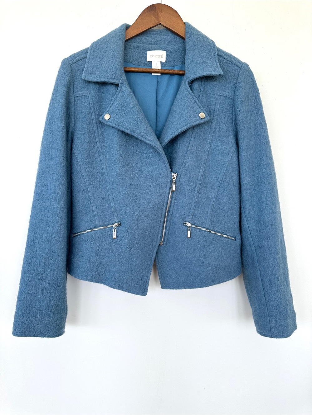 Chico's Dusty Blue Wool-Blend Moto Jacket, Fully Lined